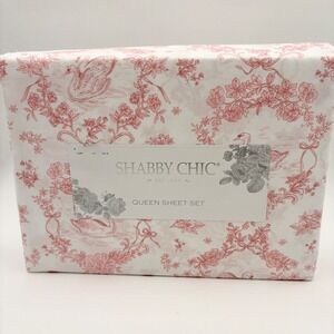 Shabby Chic Queen Sheet Set Swan Floral Pink White Toile Vintage Inspired